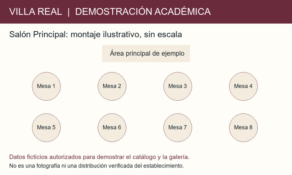 Ilustración académica de un montaje ficticio del Salón Principal Villa Real, con ocho mesas y área principal; sin escala.